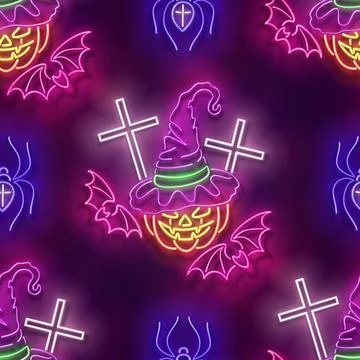 Seamless pattern with glow Witch Pumpkin, Crosses, Bats and Spiders Stock Illustration