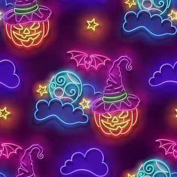 Seamless pattern with glow Witch Pumpkin on Coundly Night Sky Stock Illustration