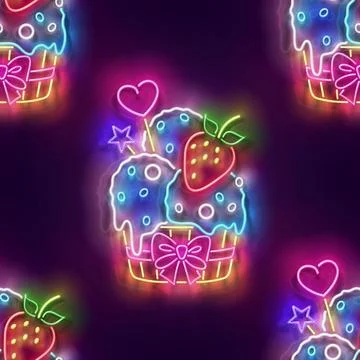 Seamless pattern with glowIce Cream Balls and Strawberry in Paper Cup Illustrazione stock