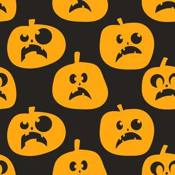 Seamless pattern of glowing halloween pumpkins on black background. Scary and イラスト素材