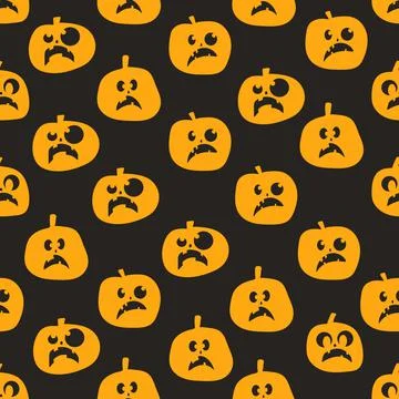Seamless pattern of glowing halloween pumpkins on black background. Scary and 스톡 일러스트