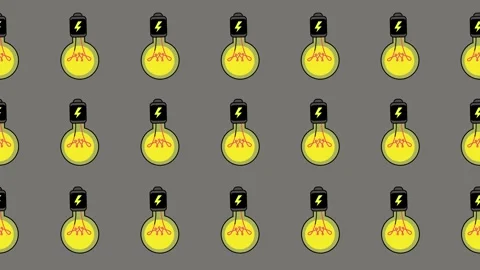 Seamless pattern of glowing light bulbs with lightning bolt power icons Stock Footage 325724270