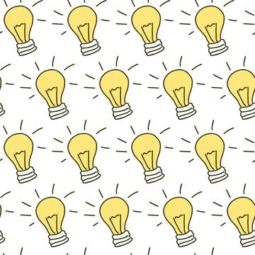 Seamless Pattern of Glowing Light Bulbs on White Background. Concept of Innov Stock Illustration