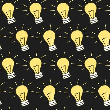 Seamless Pattern of Glowing Light Bulbs on Black Background. Concept of Innov Stock Illustration