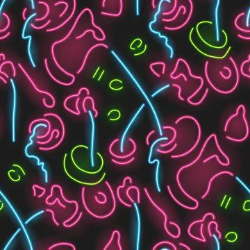 Seamless pattern of glowing neon tubes tea party Stock Illustration