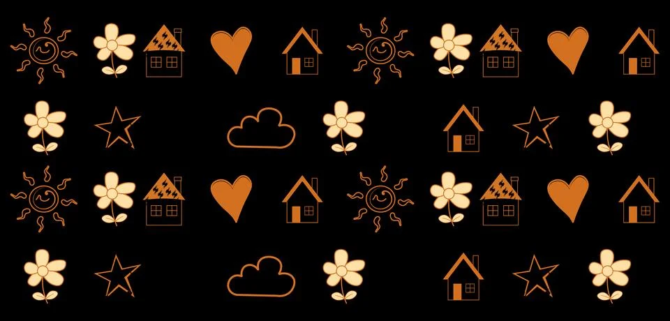 Seamless pattern of glowing orange icons including stars hearts flowers cloud 库存插图