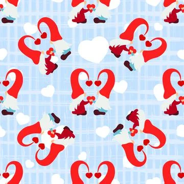 Seamless pattern with gnome couple, heart, texture square stripes. Love backg Stock Illustration
