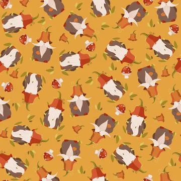 Seamless pattern with gnomes and flowers on yellow background Stock Illustration