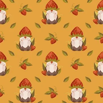 Seamless pattern with gnomes and strawberry on yellow backgroung Stock Illustration