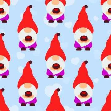 Seamless pattern with gnomes, cake, heart. Valentines day background. Love co Stock Illustration