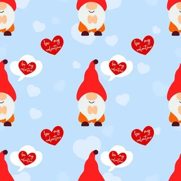 Seamless pattern with gnomes, cloud, heart. Valentines day background. Love c Stock Illustration