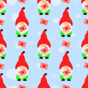 Seamless pattern with gnomes, letters, heart. Valentines day background. Love Stock Illustration