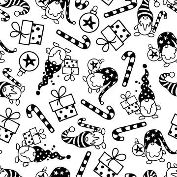 Seamless pattern with Gnomes, Sugar cane, gift box, christmas ornament. Design Stock Illustration