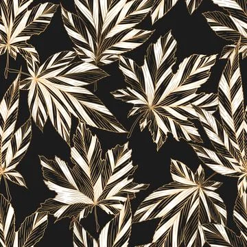 Seamless pattern of gold abstract hand drawn leaves. Creative art leaf orna.. Stock Illustration