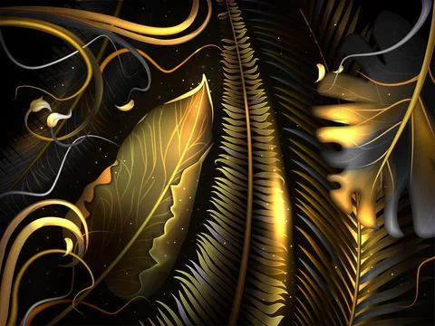 Seamless pattern with gold and black tropical leaves Stock Illustration