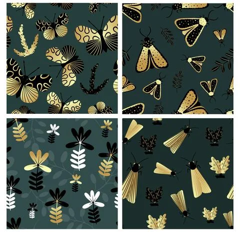 Seamless pattern of gold and black butterflies. Template for the design of tr Stock Illustration
