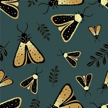 Seamless pattern of gold and black butterflies. Template for the design of tr Stock Illustration