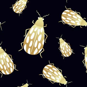 Seamless pattern of gold and black beetles. Template for the design of fashio Stock Illustration