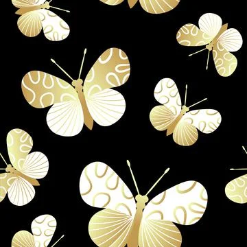 Seamless pattern of gold and black butterflies. Template for the design of tr Illustrazione stock