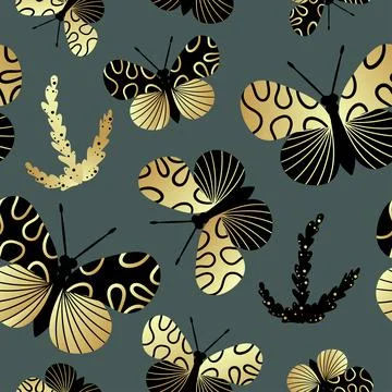 Seamless pattern of gold and black butterflies. Template for the design of tr Stock Illustration
