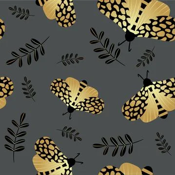 Seamless pattern of gold and black butterflies. Template for the design of tr Stock Illustration