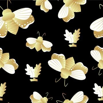 Seamless pattern of gold and black butterflies. Template for the design of tr Stock Illustration