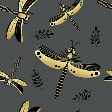 Seamless pattern of gold and black dragonflies. Template for the design of fa Illustrazione stock