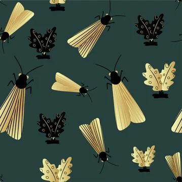 Seamless pattern of gold and black butterflies. Template for the design of tr Illustrazione stock