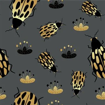 Seamless pattern of gold and black beetles. Template for the design of fashio Illustrazione stock