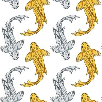 Seamless pattern with gold and silver koi fish carps. Colored vector background. Stock Illustration