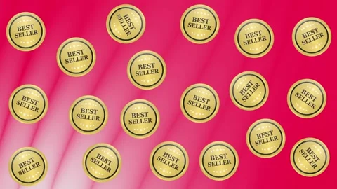 Seamless pattern of gold best seller seal labels with red ribbons on orange Stock Footage 345539139