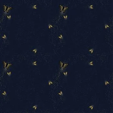 A seamless pattern with gold butterflies and sparkling glitter on a dark bl.. Stockillustratie