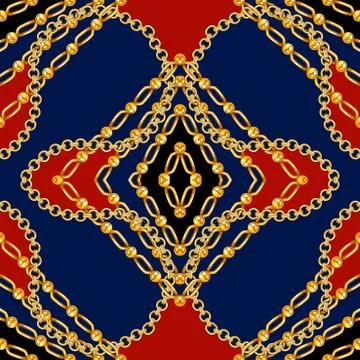 Seamless pattern of Gold chain ornament on red and dark blue background. Ready f Illustrazione stock