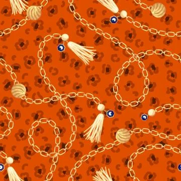 Seamless pattern with gold chains and leopard orange spots. Stock Illustration