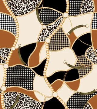 Seamless pattern with gold chains and belts, patch for print, fabric, textile de Stock Illustration