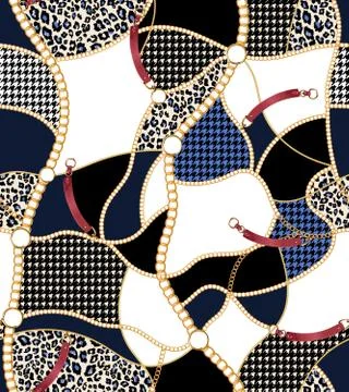 Seamless pattern with gold chains and belts, patch for print, fabric, textile de Stock Illustration