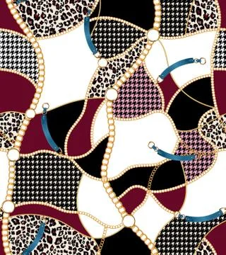 Seamless pattern with gold chains and belts, patch for print, fabric, textile de Stock Illustration