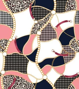 Seamless pattern with gold chains and belts, patch for print, fabric, textile de Stock Illustration