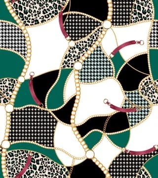 Seamless pattern with gold chains and belts, patch for print, fabric, textile de Stock Illustration