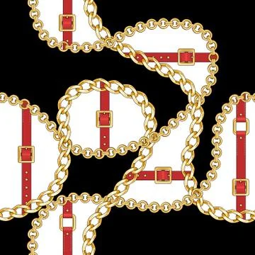 Seamless pattern with gold chains and red belts on black background for fabric d Stock Illustration