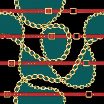 Seamless pattern with gold chains and red belts on light green and black backgro Stock Illustration