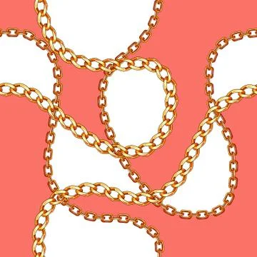 Seamless pattern with gold chains for fabric design on coral and white backgroun Stock Illustration