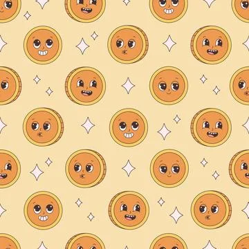 Seamless pattern with gold coin character. Groovy style, retro, vintage Иллюстрация
