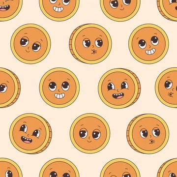 Seamless pattern with gold coin character. Groovy style, retro, vintage Stock Illustration