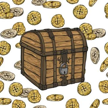 Seamless pattern with gold coins and chest on white background Illustrazione stock