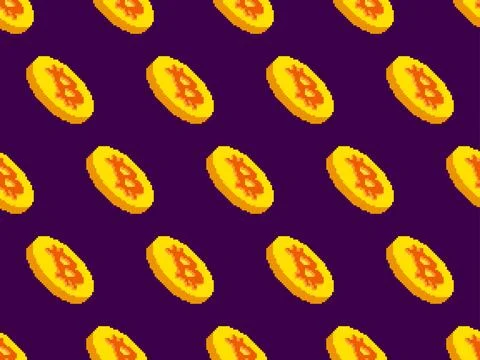 Seamless pattern with gold coins and Bitcoin symbol in pixel art style. 3D .. Illustrazione stock
