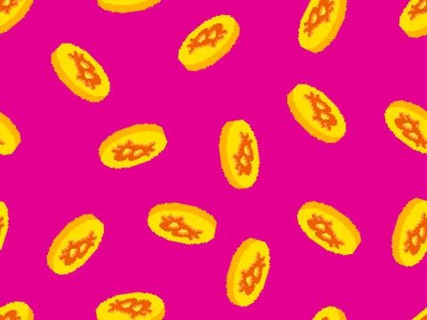 Seamless pattern with gold coins and Bitcoin symbol in pixel art style. 3D .. Stock Illustration