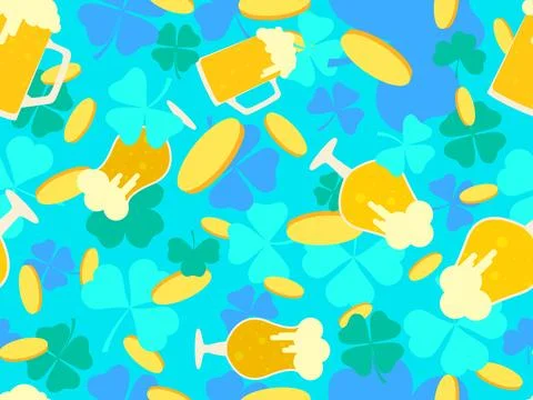 Seamless pattern with gold coins, clover leaves and glasses of beer for St... Illustrazione stock