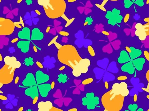 Seamless pattern with gold coins, clover leaves and glasses of beer for St... Illustrazione stock