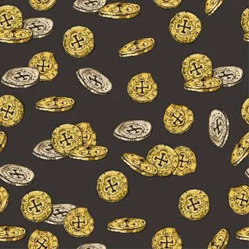 Seamless pattern with gold coins on dark background Stock Illustration